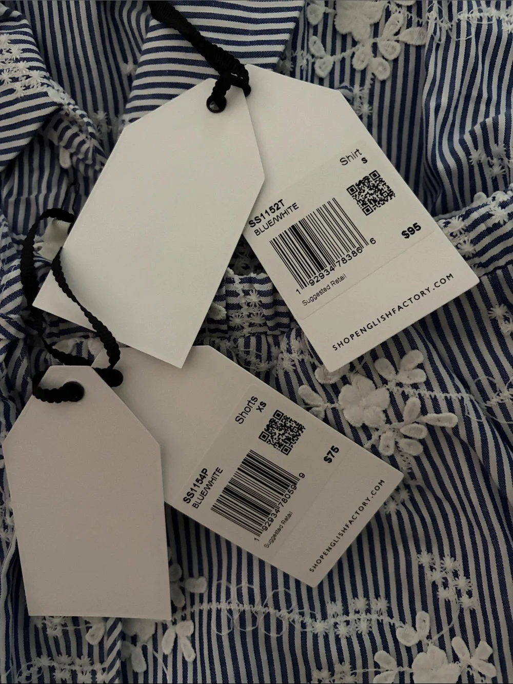 English Factory Blue and White Striped Floral Embroidered Set NWT Size Small
